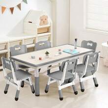 Set de Mesa Ajustable y 6 Sillas para Niños, Escritorio Multiusos de 120 cm con Patas Antideslizantes y Superficie Resistente a Manchas, Ideal para Estudio, Manualidades, Aula, Guardería o Casa, Color Gris - Gris - Ver 3