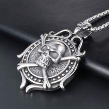 A Punk Halloween Retro Skull Pirate Ship Rudder Stainless Steel Necklace For Men Titanium Steel Domineering Pendant Personality Accessory Suitable For Daily Party Street Wear Unisex Jewelry - 銀灰色 - 查看 4