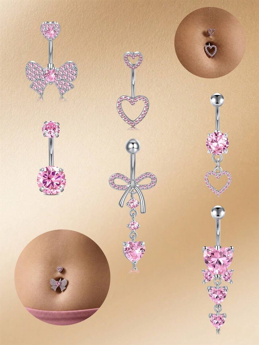 CIZME 14G Belly Button Rings Romantic Butterfly & Heart Shaped Navel Ring,Pink Cubic Zirconia Belly Piercing,Belly Rings Navel Piercing Sweet Valentine's Day Jewelry