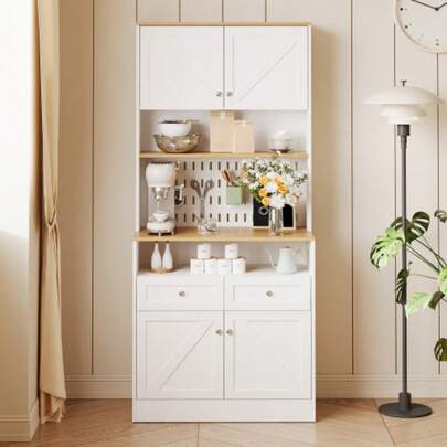 Stylish White Kitchen Cabinet With 2 Drawers And 4 Doors – An Elegant Sideboard, Ideal For The Kitchen, Dining Room, And Living Room, Featuring Silver Handles And Ample Storage Space.