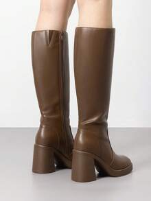 Athlefit Women's Black Knee High Boots Platform Tall Boots Fashion Square Toe Chunky Heeled Booties - 譚 - 查看 7