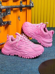 Elegant And Fashionable Women's Thick-Soled Sneakers, Solid Pink Color, Low-Top Lace-Up, No Prints, Suitable For All Seasons, Versatile And Stylish, Ideal For Daily Wear, Commuting, Travel And Vacation. Minimalist Unisex Shoes, Perfect As A New Year Gift. - Pink - View 6