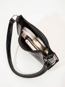 Solid Color Embossed Geometric Shoulder Bag With Zipper, Women's Shoulder Bag, Fashion Retro Zipper Bag, Casual Waterproof Handbag For Teen Girls, Women, College Students, Rookies & White-Collar Workers. Perfect For Office, Work, Business, Commute. Best Work Bag For Women., Retro Inspired Bag For Women - 黑色 - 查看 6