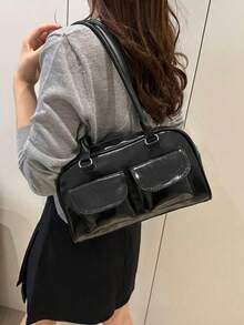 1个极简复古拉链单肩包，带口袋、双提手，适合女士休闲通勤，复古风格手提包，街头时尚单肩包，Y2K风格 - 黑色 - 查看 9