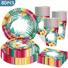 80pcs Hibiscus Themed Disposable Tableware Set, Perfect For Valentine's Day, Back-To-School Season ,Camping, Patio Barbecues, Picnitc, Bbq, Wedding, Bachelorette Party, Party And Birthday, Suitable For Party Decorations, Home Decorations, Birthday Decorations, Birthday Party Decorations, Wedding Decorations, Which Perfect Party Supplies, Bbq Supplies, Wedding Supplies, Birthday Party Supplies, Disposable Plate, Wedding Plates, Party Plates