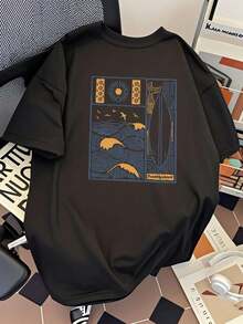 Men's Japanese Style T-Shirt With Ocean Wave Print - 100% Heavyweight Cotton, Crew Neck, Short Sleeve, Casual Top For Summer And Beach - màu đen - Xem 2