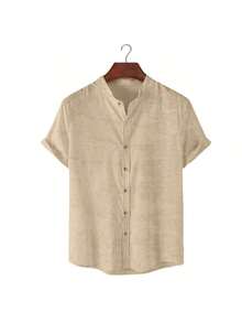 K027 Men's Linen Dress Shirt With Mandarin Collar - Màu Khaki - Xem 4