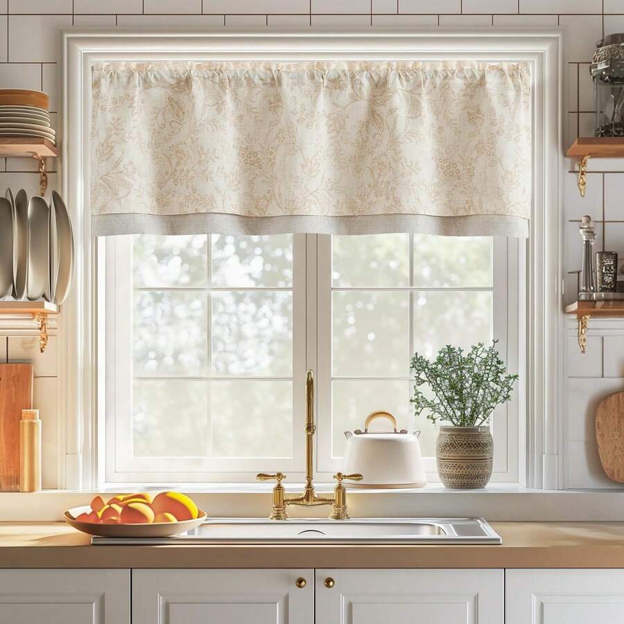Linen Valance Kitchen Curtain Double Layer 16 Inch Living Room Bedroom Bathroom Window Treatment Blackout Vintage Rustic Farmhouse Cottagecore Rod Pocket 1 Panel On Beige - 森林 | 灰褐色 - 查看 1