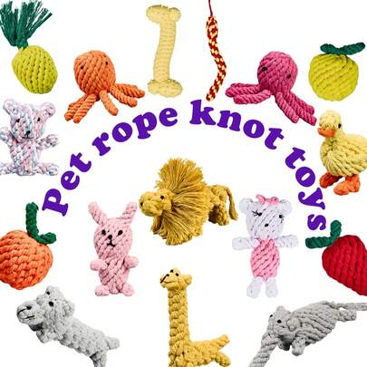 Đồ chơi dây thừng đan thủ công nhiều màu sắc cho chó (1 cái/2 cái/4 cái), hình dạng thú vị thu hút sự thích thú khi chơi của thú cưng, bao gồm bạch tuộc/gấu/hươu cao cổ/thỏ/chó con/rắn/trái cây, thích hợp cho chó gặm, kết cấu dây thừng có thể massage bề mặt răng của chó, làm sạch răng và ngăn ngừa các vấn đề về răng miệng, có thể dùng để chơi trò ném bắt và kéo co, đồ dùng cho thú cưng, đồ chơi dây thừng cho thú cưng
