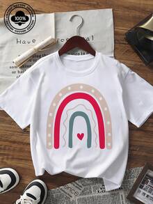 Valentine's Day Women's Short Sleeve T-Shirt Casual Crew Neck Loose Fit Tee With Rainbow & Heart Graphic Print Soft Cotton Blend Top  Holiday Dating Daily Casual Wear - White - View 6