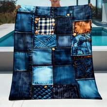 1pc Denim Patchwork Quilted Plaid Stitched Flannel Blanket| Soft Warm All-Season, Polyester, Ideal For Sofa, Bed, Office, Camping, Travel, Perfect Gift For Birthday, Anniversary, Festive Pattern, Home Decor - White - View 1