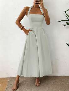 女士春夏无袖拉链褶皱连衣裙，休闲优雅风格，适合海滩、度假、约会、音乐节、情人节、生日派对等场合。 - 灰綠 - 查看 7