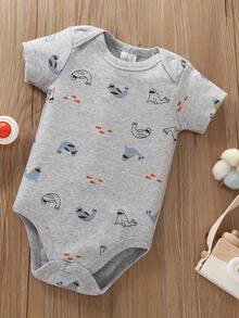 5-Piece Baby Triangle Jumpsuit, Cotton Ocean Whale Print For Boys, Baby Jumpsuit, Wrapped Bundle, Boy's Baby Clothes For Outdoor Use, Daily Home Wear. - 霧霾藍 - 查看 6