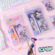 KPOP 女团主题文具套装，包含 A7 笔记本、A5 笔记本、KPOP 文具收纳袋套装、学生文具、礼物，内含笔记本、圆珠笔、荧光笔、胸针、返校文具套装 - 彩色 - 查看 4
