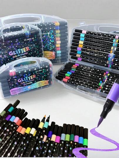 12/24/36/48 piezas Bolígrafos con punta suave y brillo para niños, pinceles de dibujo de perlas, bolígrafos resaltadores de pintura manual para estudiantes, útiles escolares y de oficina, regalo decorativo para el Día de San Valentín, Acción de Gracias, Regreso a Clases