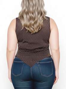 1Pcs Plus Size Women's Ruched Tank Top With Scarf - Sleeveless V-Neck Layering Vest, Dot Print Streetwear For Summer, Festivals  Casual Outfits - Brown - View 7