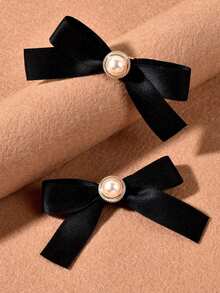 1 Pair French Style Black Faux Pearl Bowknot Hair Clips For Teens