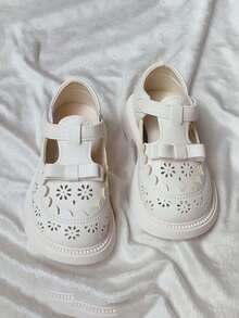 1双女童可爱公主乐福鞋，镂空透气软底防滑百搭儿童真皮鞋，简约时尚婴幼儿学步鞋，带魔术贴，适合春、夏、秋季穿着 - 米色 - 查看 3