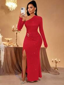 AIJ Đầm maxi trễ vai Amarilo dành cho nữ, chất liệu dệt kim co giãn bóng, xẻ cao, dài đến sàn - Thanh lịch, thời trang, gợi cảm, phù hợp cho các bữa tiệc mùa xuân. - Đỏ - Xem 3