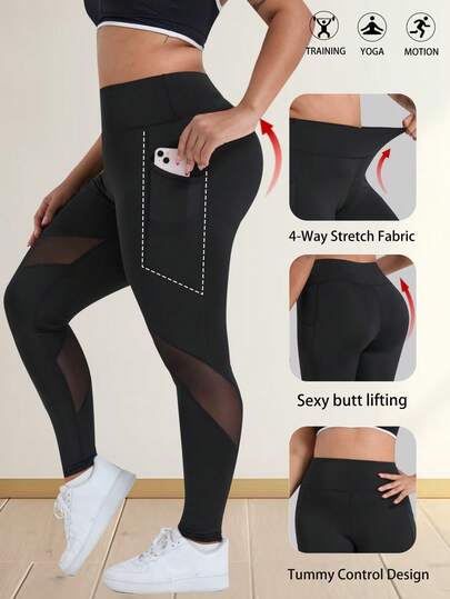 Plus Size Women High Waist Lifting Yoga Pants, Skinny Leggings With Side Pockets & Mesh Panels, Casual Sports Yoga Trousers