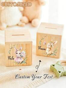 Custom Wooden Money Box Featuring An Adorable Rabbit Design, Personalized With A Name, Perfect For Collecting Coins. A Great Gift Idea For Birthdays. - Multicolor - View 2
