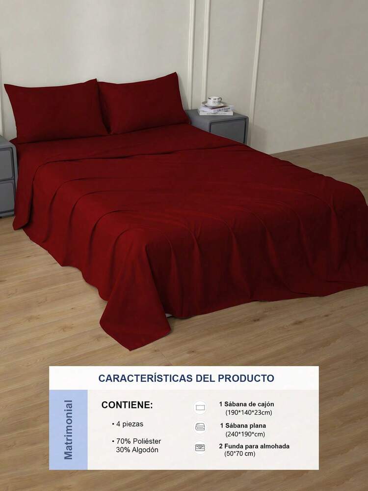 Juego De Sábanas Matrimonial De Unicolor Supersuave 3000 Hilos, Tejido Suave Y Agradable Para La Piel, Transpirable Y Cómodo, 4 Piezas / (1 Forro, 1 Sábana/ 2 Fundas) - Vino - Añade 4