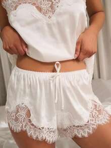 Satin Pajama Set For Women 2 Piece Lace Lingerie Set Y2k Silk Spaghetti Strap Cami Tops And Shorts Set Sleepwear - 白色 - 查看 10