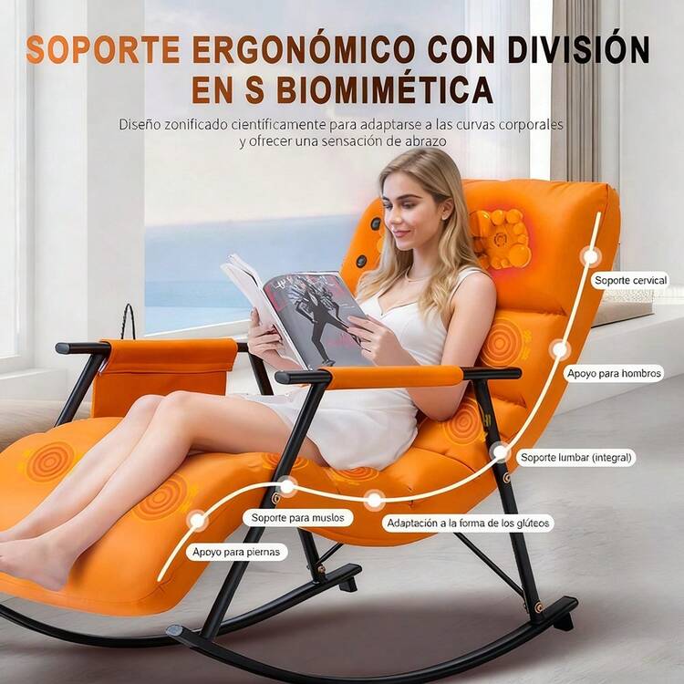 ROSA JM Mecedora Masajeadora Reclinable con Cojín Afelpado,Estructura de Acero al Carbono Súper Resistente (Soporta 200kg),Ideal para Patio, Jardín, Sala y Dormitorio - Naranja - Añade 1
