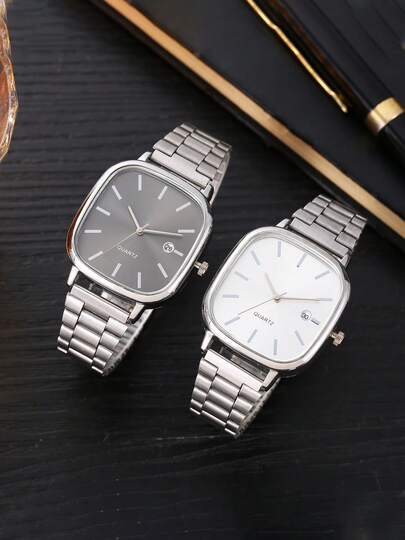 Reloj de cuarzo cuadrado vintage para hombres, reloj de pulsera de acero para negocios con calendario, reloj de cuarzo minimalista de moda