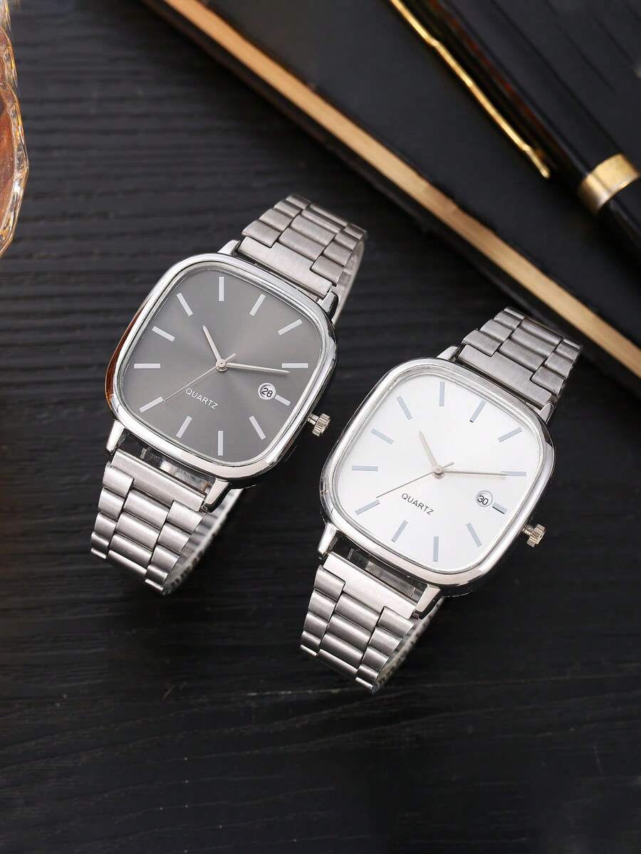 Vintage Square Quartz Watch For Men, Business Steel Band Calendar Wrist Watch, Fashion Minimalist Quartz Watch - Silver - View 1