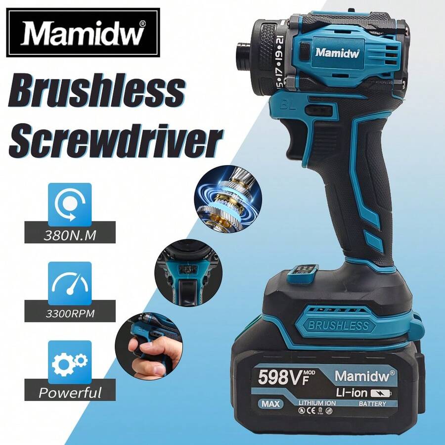 Mamidw 380N.M 无绳冲击起子 3300RPM 无刷电动螺丝刀钻,适用于 Makita 18V 电池,不含电池 - 藍色 - 查看 1