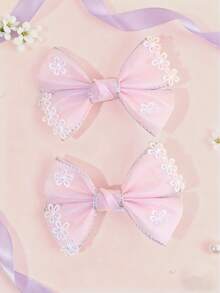 2pcs Pink Flower Hair Bows For Girls Pastel Pink Grosgrain Ribbon Bow Hair Clips Cute Flower Alligator Clips Girls Daily Wedding Barrettes Baby Hair Accessories - Baby Pink - View 1