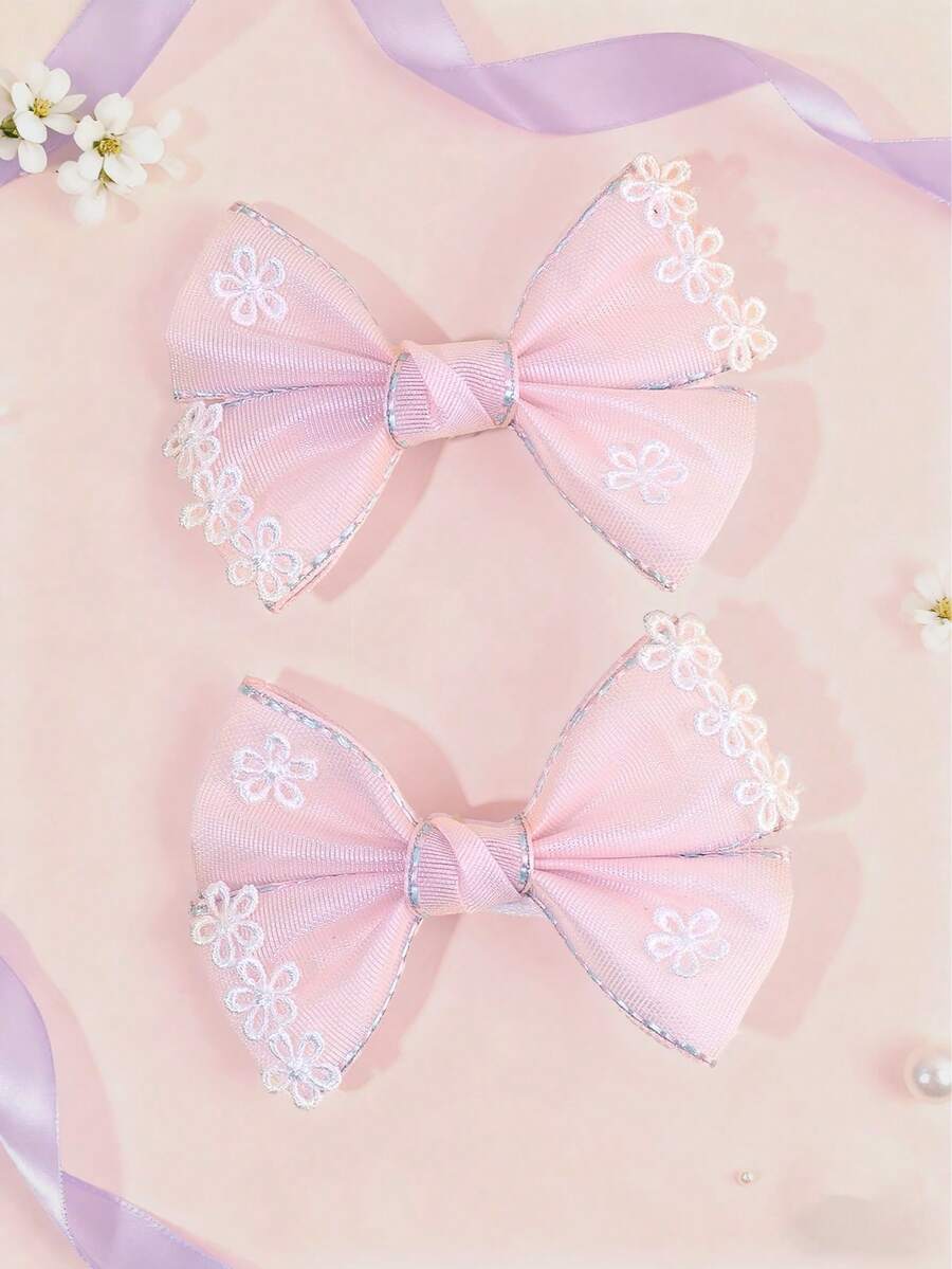 2pcs Pink Flower Hair Bows For Girls Pastel Pink Grosgrain Ribbon Bow Hair Clips Cute Flower Alligator Clips Girls Daily Wedding Barrettes Baby Hair Accessories - Baby Pink - View 1