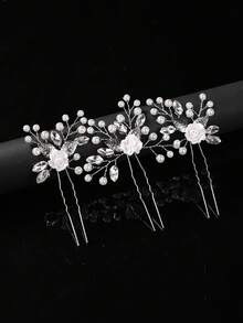3pcs Bridal Hair Accessories Decorative Hairpins With Rhinestones & Pearl Flowers For Wedding - 63445 Multicolor - View 3
