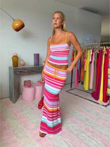 Women's Two-Piece Skirt Set, New For Summer, Featuring A Striped Sleeveless Camisole Top And A Slim-Fitting Long Skirt, Perfect For Y2K-Style Vacation And Casual Outings. - 紅色 - 查看 1