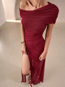 Women's Elegant & Sexy Autumn Bodycon Dress – Off-The-Shoulder Neckline, Fold-Over Shirred Details, Long-Sleeve, Draped Silhouette, Side-Slit Hem, Ideal For Dates, Clubs, Parties, Weddings, Birthdays, Country Concerts & Night Outs - Red - View 5