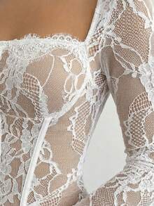 女士蕾丝拼接性感收腰派对鸡尾酒会长袖连衣裙 - 白色 - 查看 6