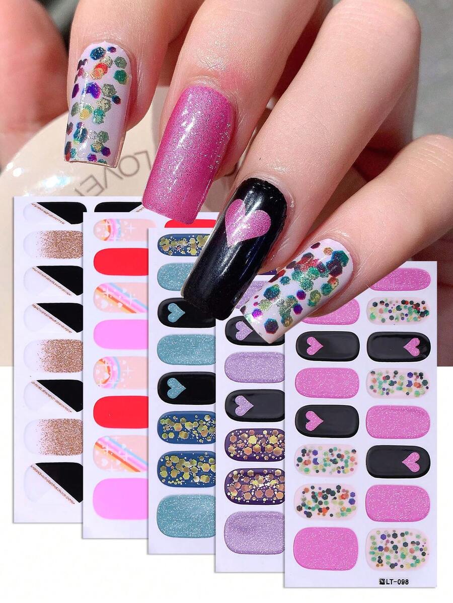5张全包式指甲油贴纸，闪亮爱心法式美甲情人节自粘指甲贴条，适合女性和女孩，DIY美甲套装，美甲用品 - 彩色 - 查看 1