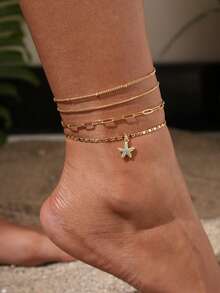 4pcs/Set Women Anklet Set, Bohemian Summer Beach Vacation Stacking Style, Copper Inlaid Blue Zirconia Starfish, Golden Plated Round Bead Chain, Paperclip Chain, Flat Piece Chain, Multi-Layer Anklet Set, Ocean Series Anklet Accessories, Gift - Yellow Gold - View 3