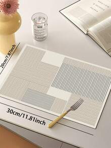 1pc Silica Gel Kitchen Floor Mat, Geometric Patchwork Striped Pattern: White Base With Interlocking Light Gray/Pale Gray Blocks, Each Block Filled With Dense Horizontal Line Textures, Presenting A Minimalist Modern Geometric Style. - Multicolor - View 14