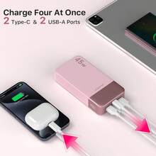 JUOVI Power Bank, Portable Charger, 20000 MAh, 45 W, PD3.0, QC 4.0, Fast Charging Battery With LED Indicator, 2 USB-C, 2 USB-A For Apple Phone 15, Blue, Green For Apple Phone, IPad, Android Phone, Gifts For Family, Friends, Children, Birthdays, Christmas, Winter. Suitable For Outdoor Play, Shopping, Travel, Portable Power Supply. Stable Polymer Lithium Battery (Pink) - 粉色 - 查看 4