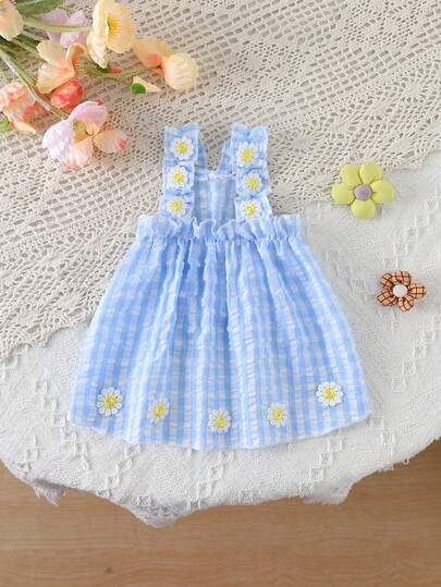 Blue & White Plaid Pet Suspender Dress With 3D Daisy Decor And Ruffle Trim, Suitable For Everyday Wear