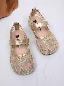 New Girls' Mesh Breathable Comfortable Sequin Round Toe Flat Shoes, Metal Material Gold Princess Mary Jane Shoes, Suitable For Ramadan Gifts For Kids/Daily Wear (2 Years - 18 Years)