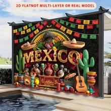 2D平面单件墨西哥主题涤纶派对横幅 - 充满活力的墨西哥派对装饰,包含仙人掌、墨西哥帽和宽边帽。非常适合家居和墙面装饰,是派对和礼品的理想之选。 - 1件 - 查看 6