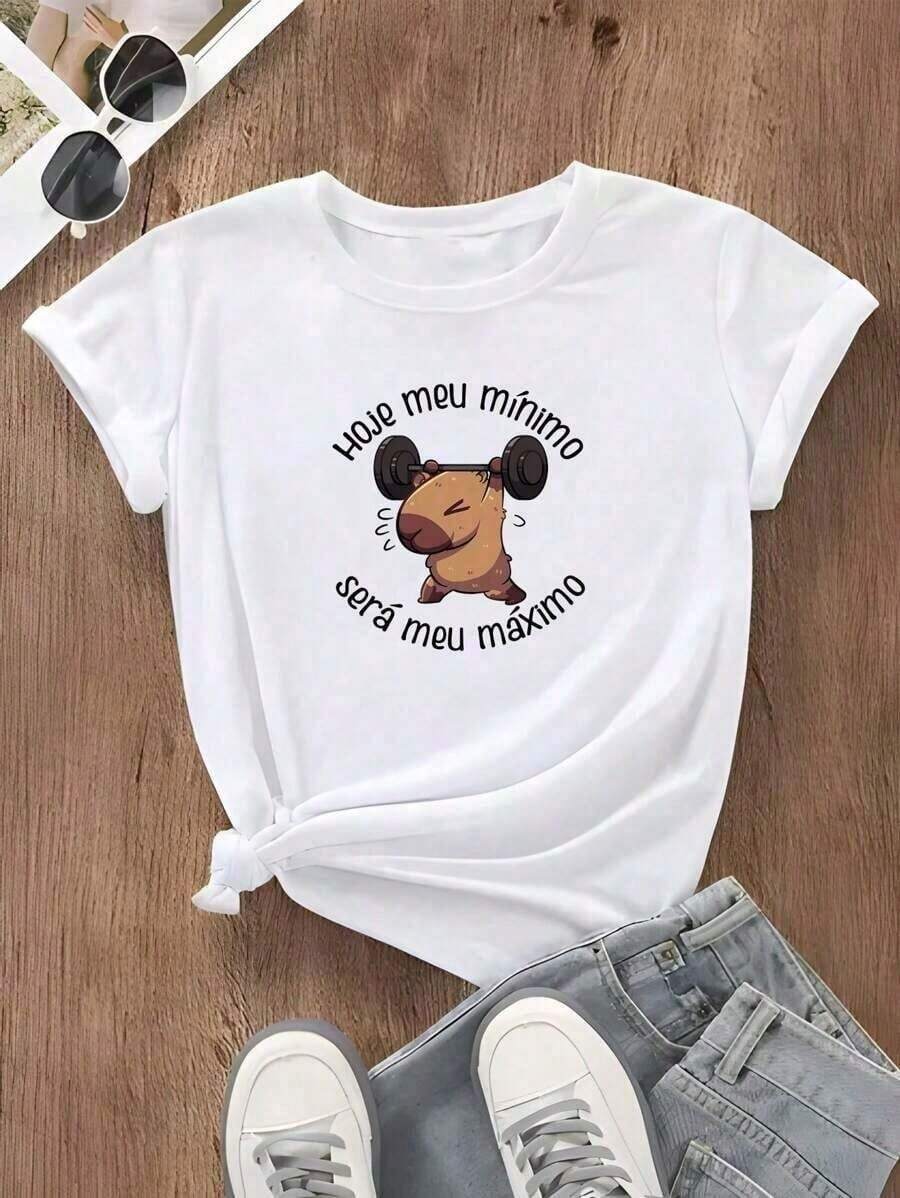 Women's Gym T-Shirt, Training, Cotton Knit, Running, Short Sleeve, Capybara Print, Today My Minimum - trắng - Xem 1