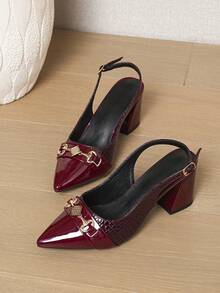 酒红色露跟高跟凉鞋，新款粗跟尖头时尚鞋，透气舒适，适合正装穿着，大码尺码 - 酒紅色 - 查看 4