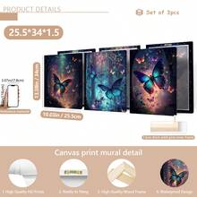 Set de 3 piezas de arte de pared de lienzo con mariposas, diseño de mariposas de bosque soñador, decoración de pared, patrón de mariposas, decoración moderna para el hogar, adecuado para decoración del hogar, decoración de habitación, decoración de dormitorio, decoración de sala de estar, decoración de baño, decoración de pared, arte de pared opcional con marco. - Multicolor - Ver 17