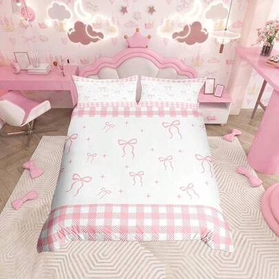 2/3pcs White & Pink Plaid Bow Duvet Cover Set With Ribbon Bow Decor - Soft Pastel Bedding In Pink, Blue, Yellow, Green, Brown | All-Season Comforter Set With Zipper Closure, Machine Washable, Birthday Gift For Women, , Adults | Cozy Room Decor