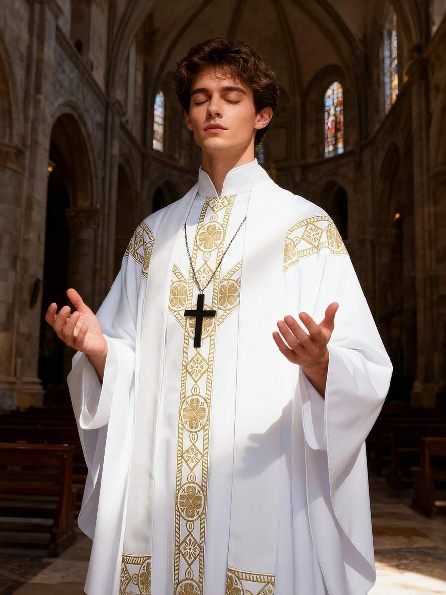 Medieval European Priest/Monk Robe Cosplay Costume, Includes: Printed Loose Robe, Fringed , Cross Accessory