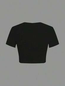 "MILANO 96" Letter Print Crew Neck Crop T-Shirt, Casual Short Sleeve T-Shirt For Spring & Summer, Women's Clothing - màu đen - Xem 3